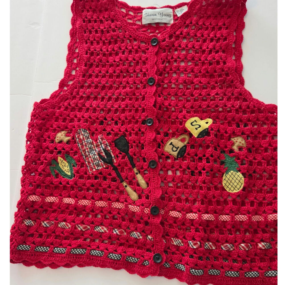 Vtg 90s Sharon Young Red Crochet Knit Kitchen Baking BBQ Novelty Sweater Vest M